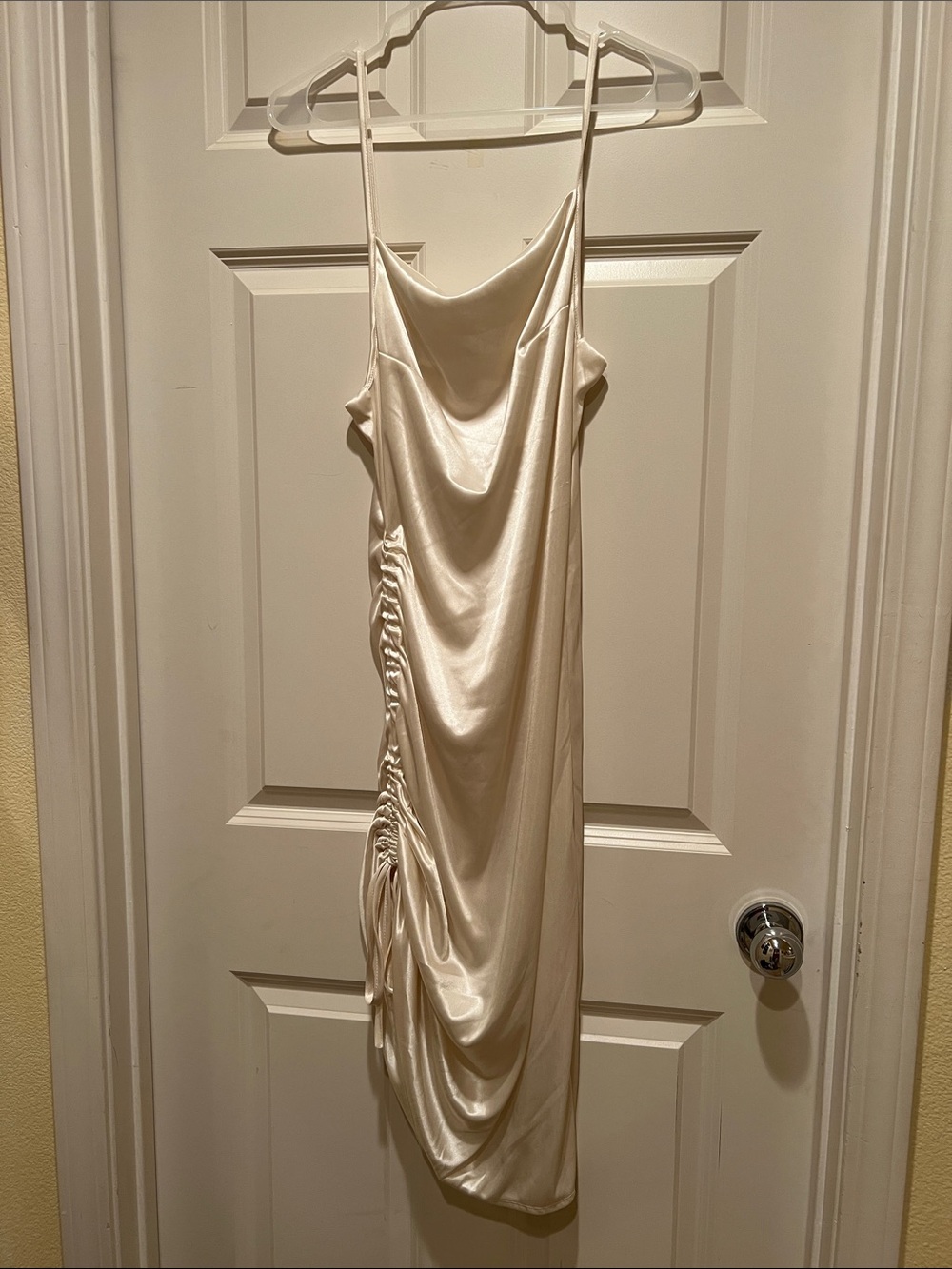 Satin Ivory Cowl Midi Dress with Side Ruching